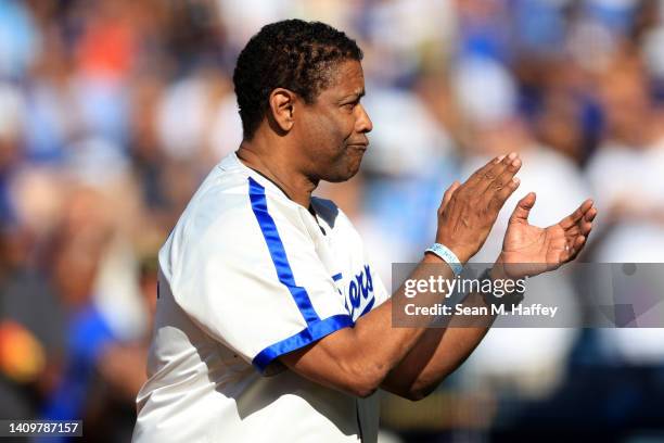 Denzel Washington gives a tribute to Jackie Robinson before the 92nd MLB All-Star Game presented by Mastercard at Dodger Stadium on July 19, 2022 in...
