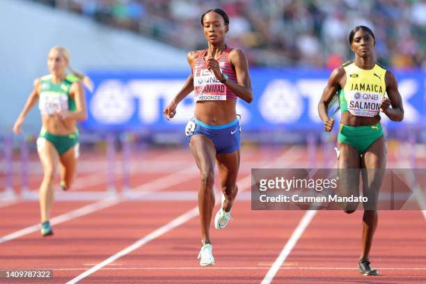 Dalilah Muhammad of Team United States and Shiann Salmon of Team Jamaica compete in the Women's 400m Hurdles heats on day five of the World Athletics...