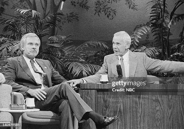 Aired 4/24/86 -- Pictured: Businessman Ted Turner with host Johnny Carson -- Photo by: Paul Drinkwater/NBCU Photo Bank