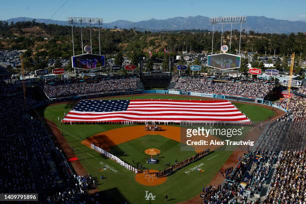 The national anthem is preformed during the start of the 92nd MLB All-Star Game presented by Mastercard at Dodger Stadium on July 19, 2022 in Los...