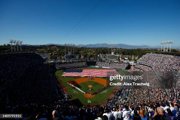 The national anthem is preformed during the start of the 92nd MLB All-Star Game presented by Mastercard at Dodger Stadium on July 19, 2022 in Los...