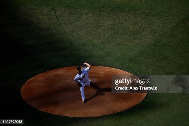 Clayton Kershaw of the Los Angeles Dodgers pitches in the first inning during the 92nd MLB All-Star Game presented by Mastercard at Dodger Stadium on...