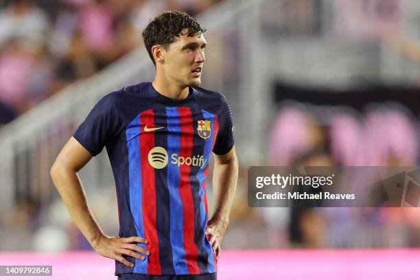 Andreas Christensen of FC Barcelona looks on during the first half of a preseason friendly against Inter Miami CF at DRV PNK Stadium on July 19, 2022...