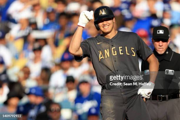 Shohei Ohtani of the Los Angeles Angels looks against the National League during the 92nd MLB All-Star Game presented by Mastercard at Dodger Stadium...