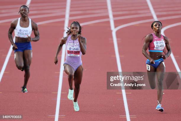 Beatrice Masilingi of Team Namibia, Dina Asher-Smith of Team Great Britain and Tamara Clark of Team United States compete in the Women's 200m...