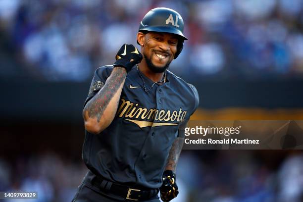 Byron Buxton of the Minnesota Twins celebrates after hitting a solo home run in the fourth inning against the National League during the 92nd MLB...
