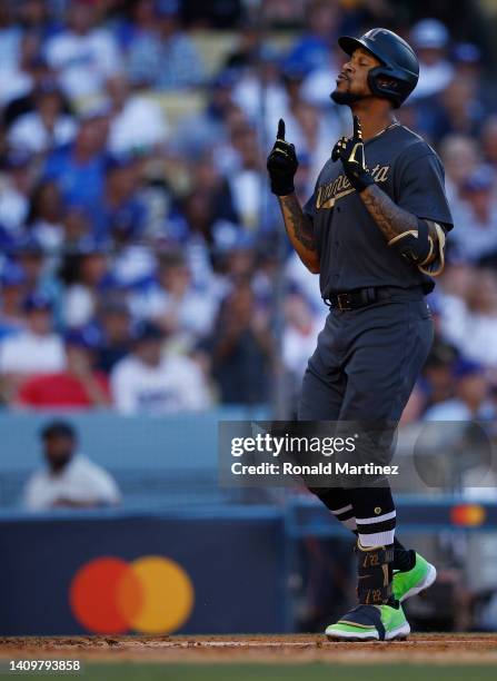 Byron Buxton of the Minnesota Twins celebrates after hitting a solo home run in the fourth inning against the National League during the 92nd MLB...