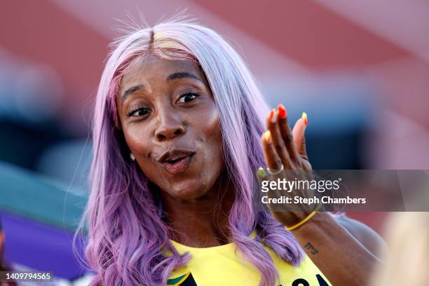 Shelly-Ann Fraser-Pryce of Team Jamaica reacts after competing in the Women's 200m Semi-Final on day five of the World Athletics Championships...
