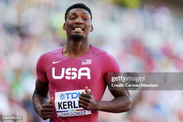 Fred Kerley of Team United States reacts after competing in the Men's 200m Semi-Final on day five of the World Athletics Championships Oregon22 at...