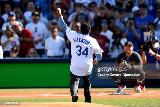 Fernando Valenzuela throws out the ceremonial first pitch during the 92nd MLB All-Star Game presented by Mastercard at Dodger Stadium on July 19,...