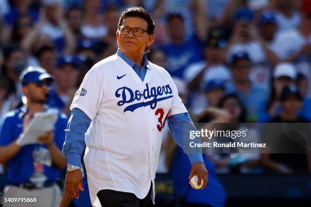 Fernando Valenzuela throws out the ceremonial first pitch during the 92nd MLB All-Star Game presented by Mastercard at Dodger Stadium on July 19,...