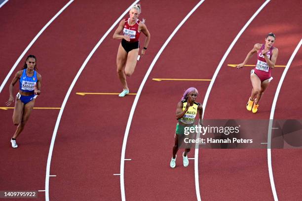 Dalia Kaddari of Team Italy, Ida Karstoft of Team Denmark, Shelly-Ann Fraser-Pryce of Team Jamaica, and Abby Steiner of Team United States compete in...