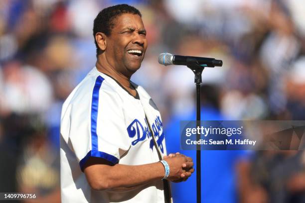 Denzel Washington leads a tribute to Jackie Robinson before the 92nd MLB All-Star Game presented by Mastercard at Dodger Stadium on July 19, 2022 in...