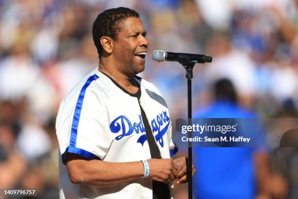 Denzel Washington leads a tribute to Jackie Robinson before the 92nd MLB All-Star Game presented by Mastercard at Dodger Stadium on July 19, 2022 in...