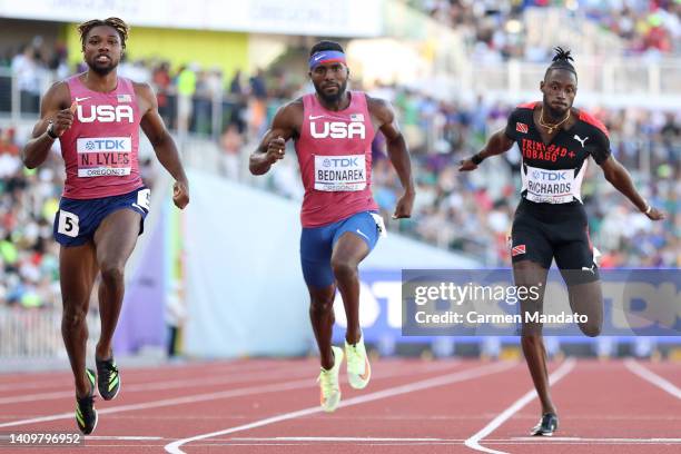 Noah Lyles of Team United States, Kenneth Bednarek of Team United States and Jereem Richards of Team Trinidad And Tobago compete in the Men's 200m...