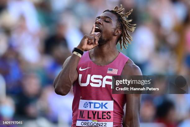 Noah Lyles of Team United States reacts after competing in the Men's 200m Semi-Final on day five of the World Athletics Championships Oregon22 at...