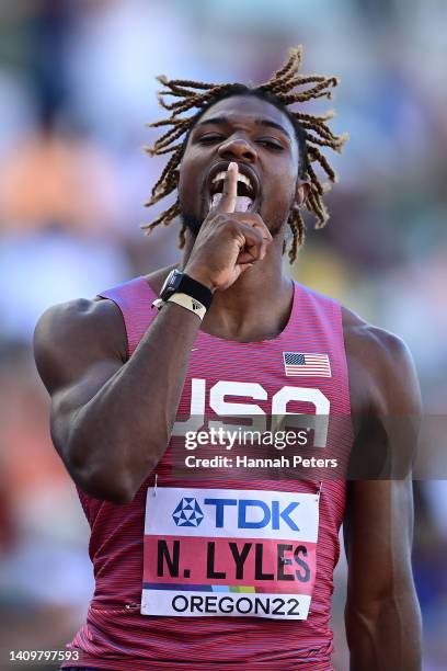 Noah Lyles of Team United States reacts after competing in the Men's 200m Semi-Final on day five of the World Athletics Championships Oregon22 at...