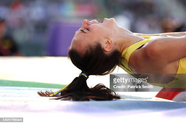 Iryna Gerashchenko of Team Ukraine reacts after competing in the Women's High Jump Final on day five of the World Athletics Championships Oregon22 at...
