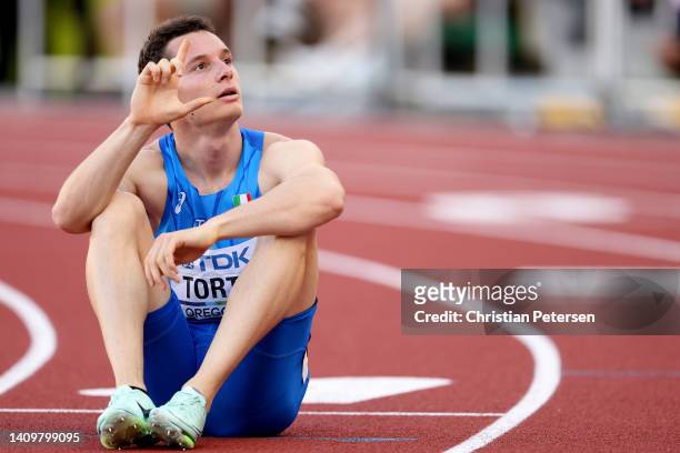 Filippo Tortu of Team Italy reacts after competing in the Men's 200m Semi-Final on day five of the World Athletics Championships Oregon22 at Hayward...
