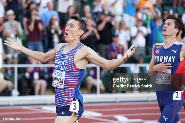 Jake Wightman of Team Great Britain and Jakob Ingebrigtsen of Team Norway cross the finish line in the Men's 1500m Final on day five of the World...