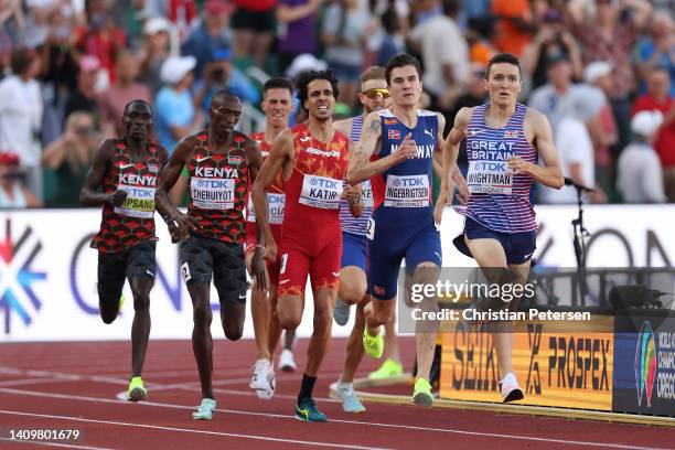 Mohamed Katir of Team Spain, Jakob Ingebrigtsen of Team Norway and Jake Wightman of Team Great Britain compete in the Men's 1500m Final on day five...