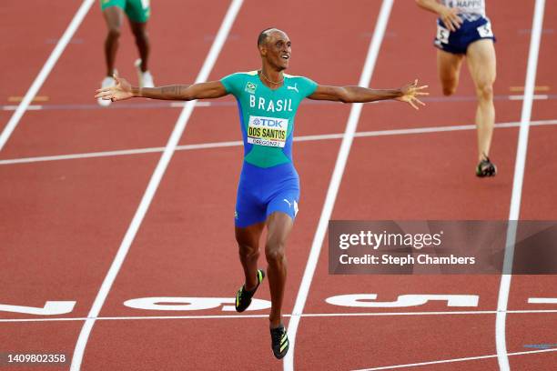 Alison dos Santos of Team Brazil crosses the finish line to win gold in the Men's 400m Hurdles Final on day five of the World Athletics Championships...