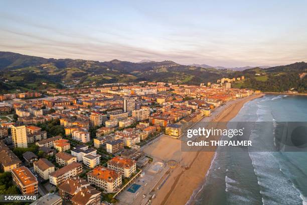 aerial view with drone on zarautz, spain - spain san sebastian imagens e fotografias de stock