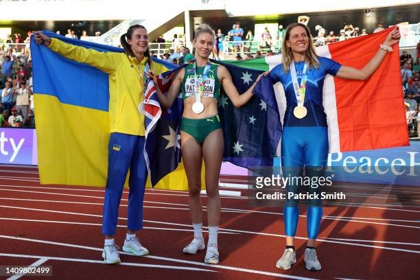 Silver medalist Yaroslava Mahuchikh of Team Ukraine, gold medalist Eleanor Patterson of Team Australia, and bronze medalist Elena Vallortigara of...