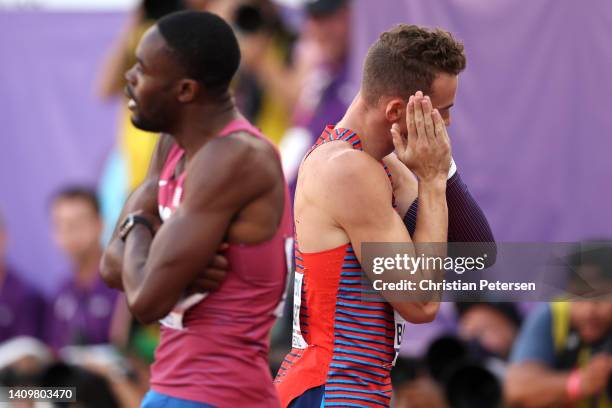 Silver medalist Rai Benjamin of Team United States and bronze medalist Trevor Bassitt of Team United States celebrate after competing in the Men's...