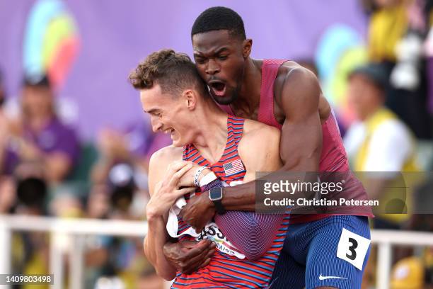 Bronze medalist Trevor Bassitt of Team United States and silver medalist Rai Benjamin of Team United States celebrate after competing in the Men's...
