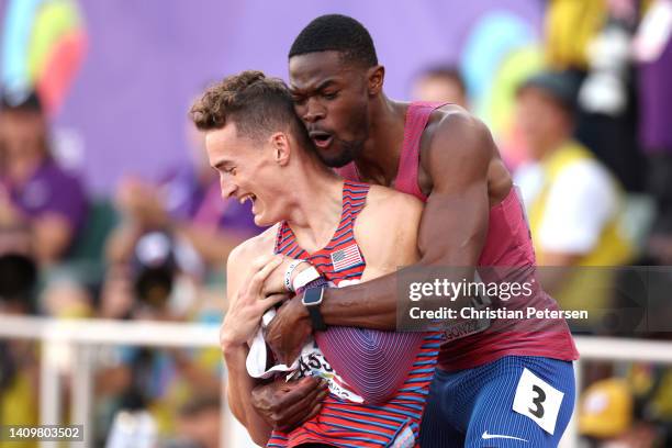 Bronze medalist Trevor Bassitt of Team United States and silver medalist Rai Benjamin of Team United States celebrate after competing in the Men's...