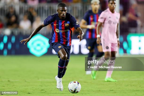 Ousmane Dembele of FC Barcelona controls the ball during the second half of a preseason friendly against Inter Miami CF at DRV PNK Stadium on July...
