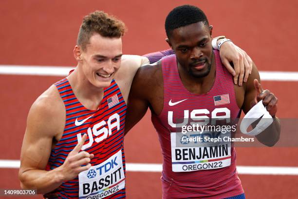 Bronze medalist Trevor Bassitt of Team United States and silver medalist Rai Benjamin of Team United States celebrate after competing in the Men's...