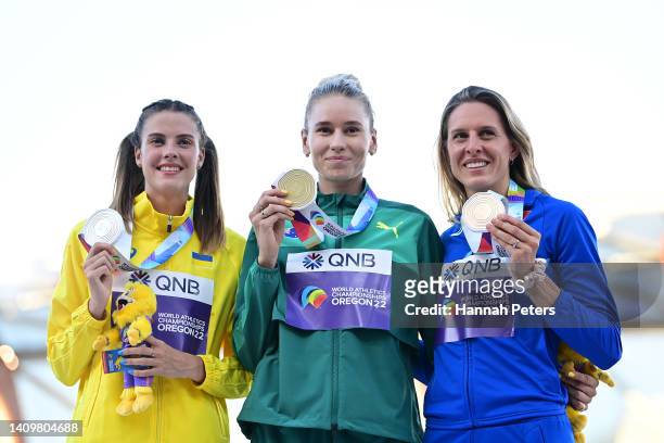 Silver medalist Yaroslava Mahuchikh of Team Ukraine, gold medalist Eleanor Patterson of Team Australia and bronze medalist Elena Vallortigara of Team...