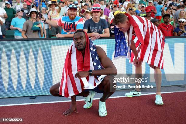 Silver medalist Rai Benjamin of Team United States and bronze medalist Trevor Bassitt of Team United States celebrate after competing in the Men's...