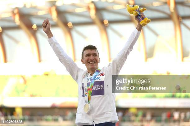 Gold medalist Jake Wightman of Team Great Britain poses during the medal ceremony for the Men's 1500m Final on day five of the World Athletics...