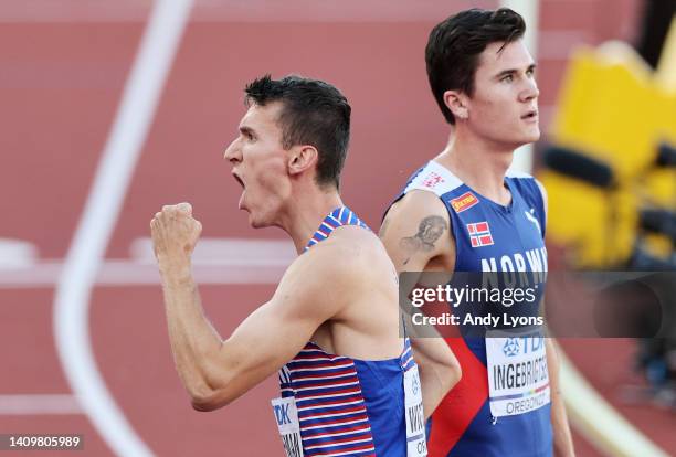 Jake Wightman of Team Great Britain and Jakob Ingebrigtsen of Team Norway react after competing in the Men's 1500m Final on day five of the World...