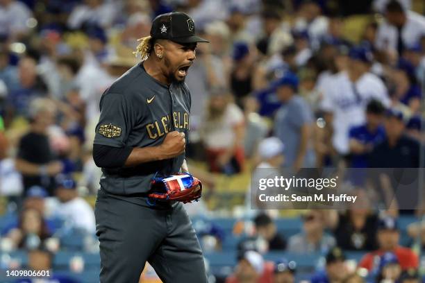 Emmanuel Clase of the Cleveland Guardians celebrates after getting the final out against the National League giving the American League a 3-2 win...