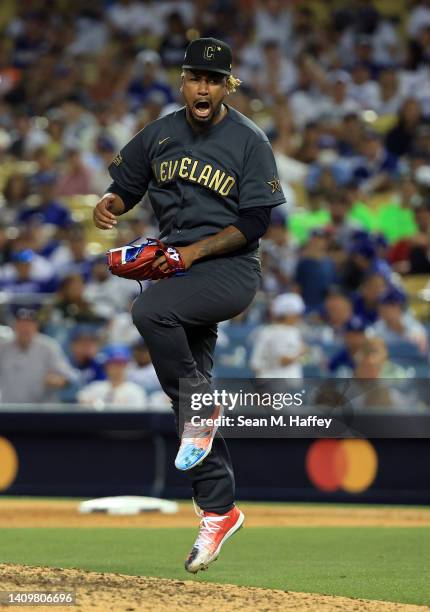 Emmanuel Clase of the Cleveland Guardians celebrates after getting the final out against the National League giving the American League a 3-2 win...