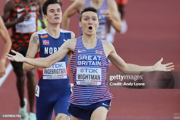 Jakob Ingebrigtsen of Team Norway and Jake Wightman of Team Great Britain cross the finish line in the Men's 1500m Final on day five of the World...