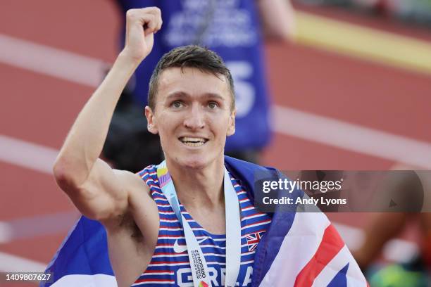 Jake Wightman of Team Great Britain celebrates after winning gold in the Men's 1500m Final on day five of the World Athletics Championships Oregon22...