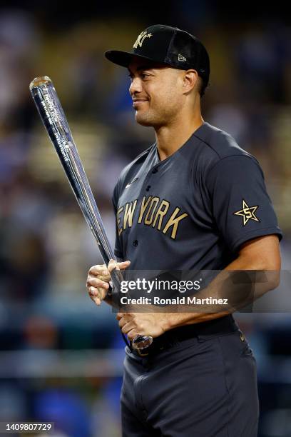 Giancarlo Stanton of the New York Yankees poses with the Ted Williams MVP Award after the American League defeated the National League 3-2 during the...