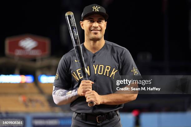 Giancarlo Stanton of the New York Yankees poses with the Ted Williams MVP Award after the American League defeated the National League 3-2 during the...