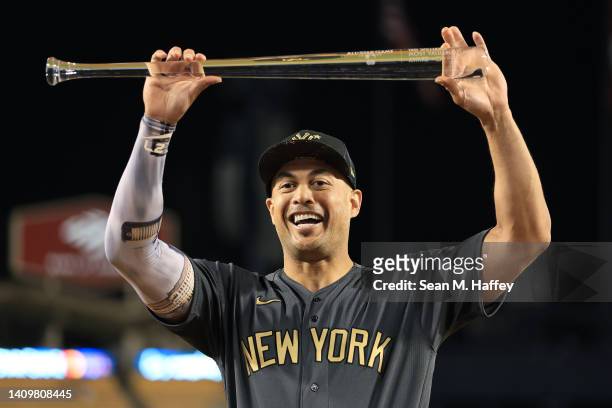 Giancarlo Stanton of the New York Yankees poses with the Ted Williams MVP Award after the American League defeated the National League 3-2 during the...
