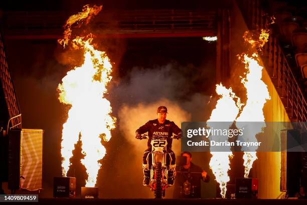 Supercross rider Chad Reed rides into the stadium during media opportunity at Marvel Stadium on July 20, 2022 in Melbourne, Australia. The FIM World...