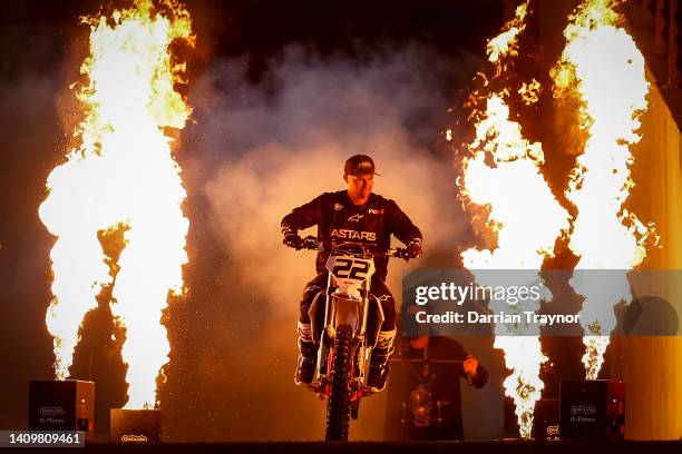 Supercross rider Chad Reed rides into the stadium during media opportunity at Marvel Stadium on July 20, 2022 in Melbourne, Australia. The FIM World...