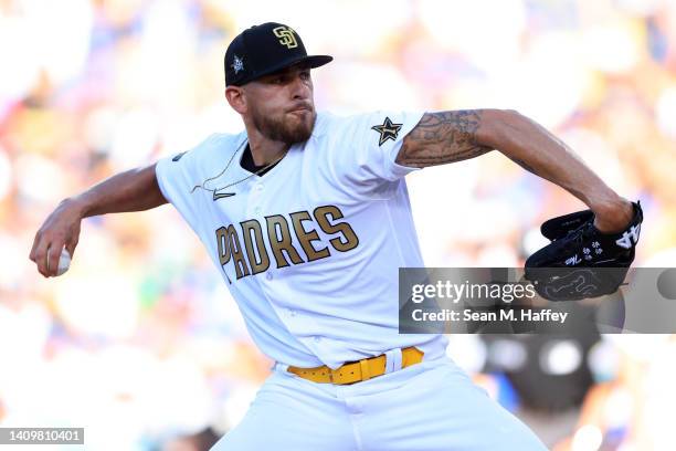 Joe Musgrove of the San Diego Padres pitches during the 92nd MLB All-Star Game presented by Mastercard at Dodger Stadium on July 19, 2022 in Los...