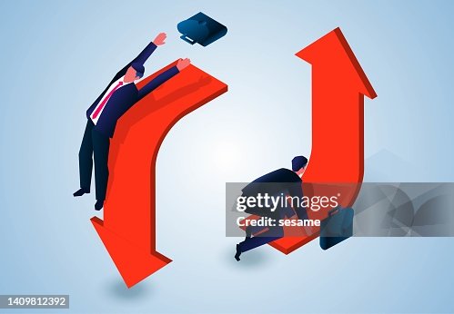 Fall Then Rise Arrow Isometric Businessman Ready To Start On Rising Arrow And Falling Down ...