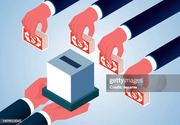 stockillustraties, clipart, cartoons en iconen met charity donation, hand holding a donation box and putting money into the box, financial fundraising, business financial investment - crowdfunding concept