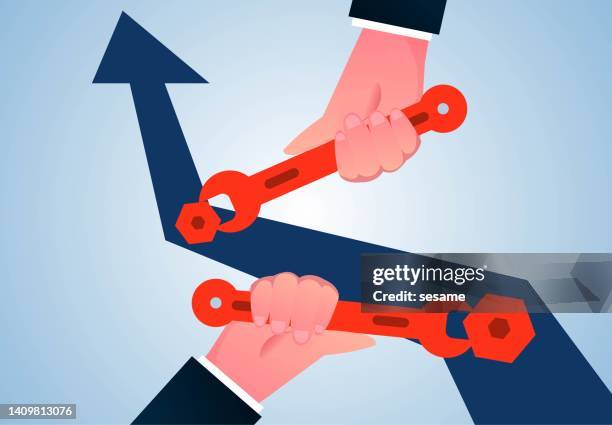 commercial bug fix, solve problems and troubles, hand holding wrench to fix arrow screw - construction in progress stock illustrations